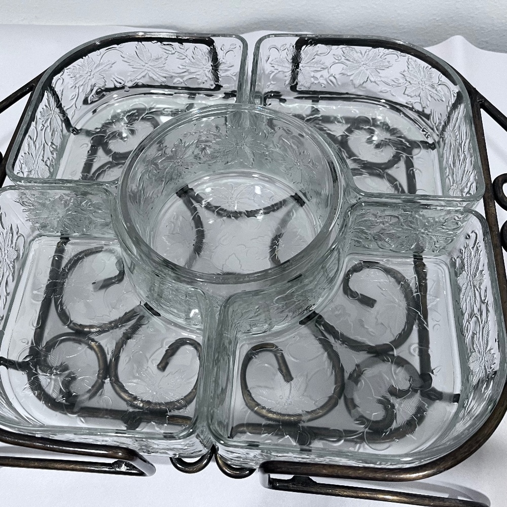 Princess House Fantasia Crystal Chip & Dip Server w/Metal Caddy 6 piece set